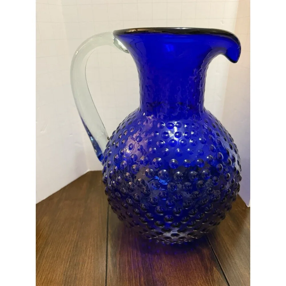 Vintage Colbalt Blue Hobnail Hand Blown Large Glass Pitcher
